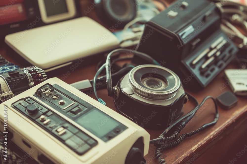 Poster A table with various electronics and a camera on top