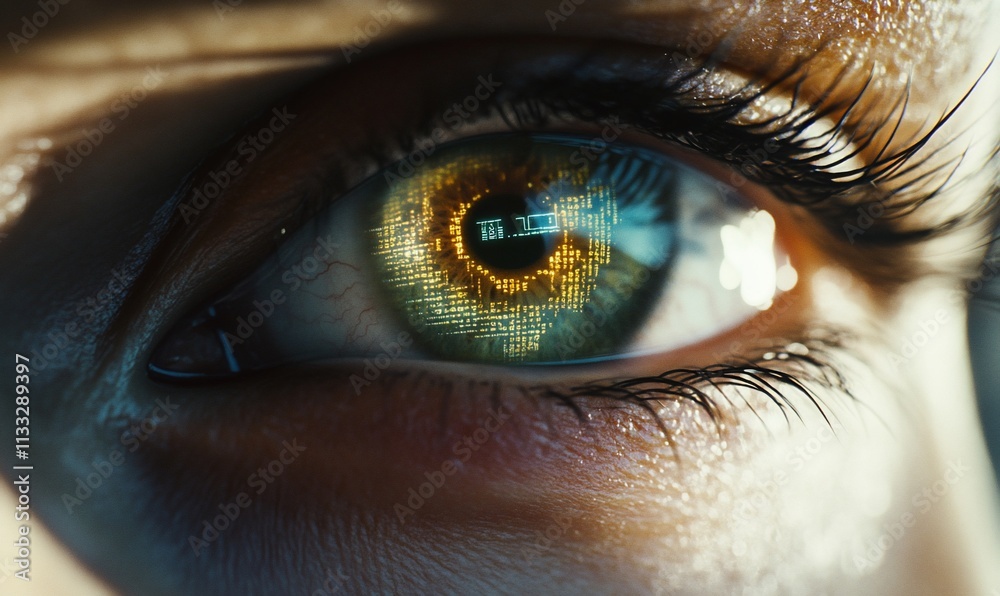 Poster a close-up of an eye with a digital, futuristic reflection inside.