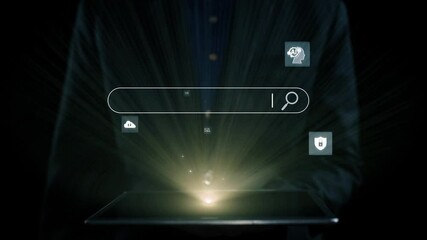 Business person conducts search engine research, extracting valuable data for strategic decisions. Utilizing search engines for comprehensive research and SEO data analysis. UUID