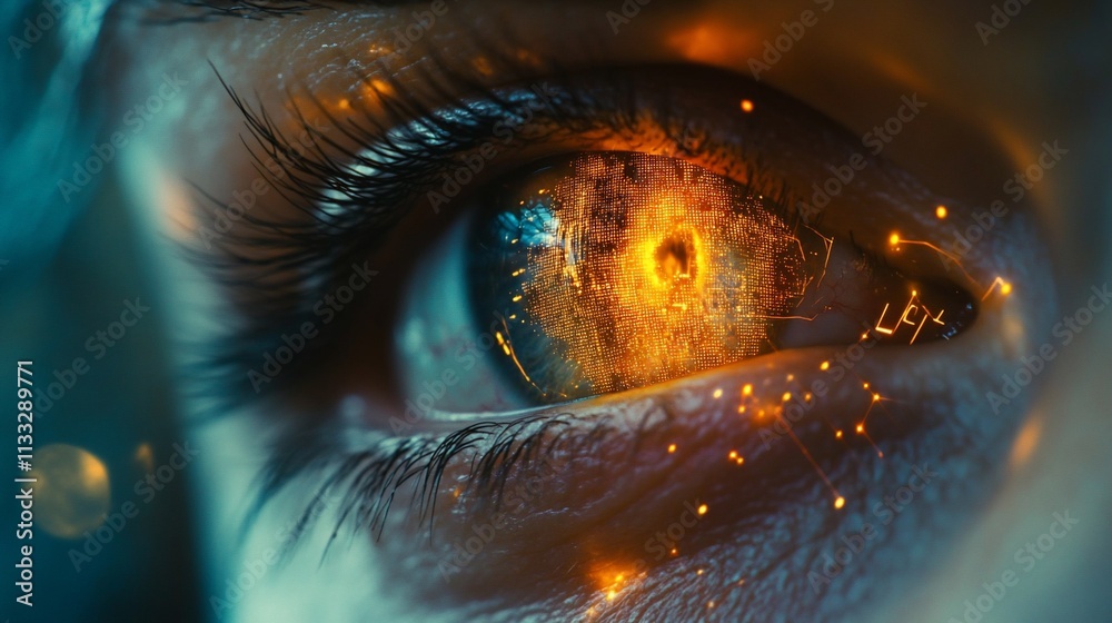 Poster a close-up of an eye with a glowing, fiery effect and digital elements reflected in it.