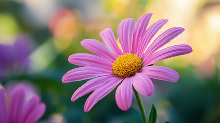 Obraz premium Delicate Pink Flower with Golden Center Surrounded by Softly Blurred Greenery in a Vibrant Garden Setting During Daylight Hours