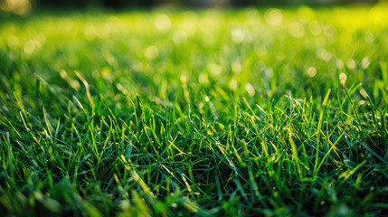 Fototapeta premium Fresh Green Grass with Water Droplets in Soft Focus, Nature Background for Landscape or Gardening Projects, Vibrant Texture Under Bright Sunlight