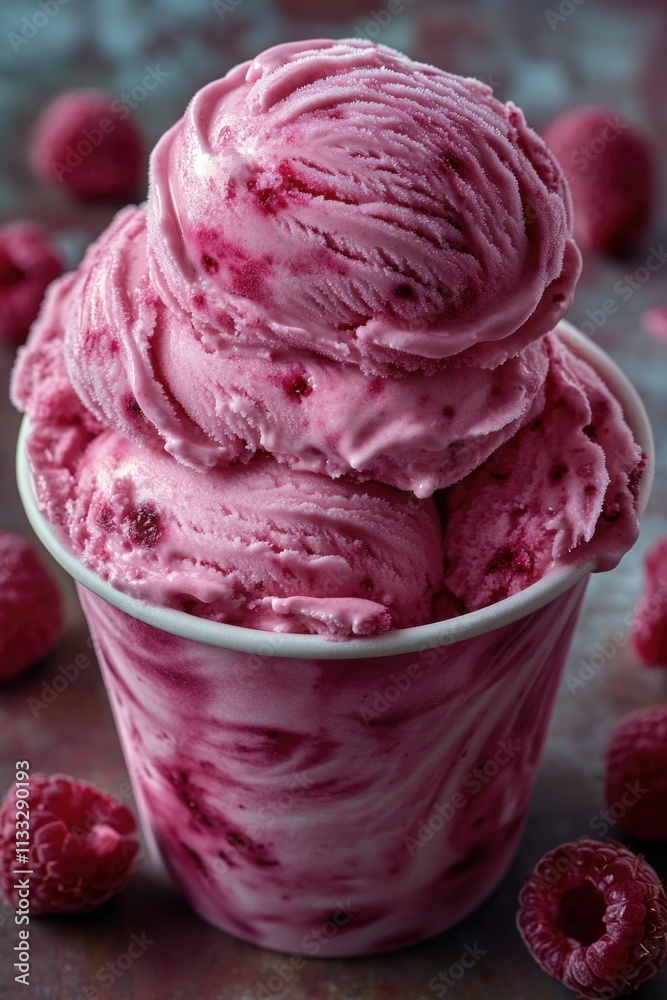 Aufkleber Fresh raspberry ice cream served in a bowl with raspberries garnish