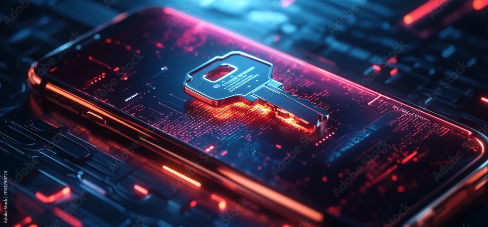 Poster a digital key on a smartphone screen, symbolizing cybersecurity and digital access.