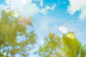 Delicate spring blooms flourish in a tranquil setting filled with vibrant greenery against a vivid blue sky where soft clouds drift lazily on a sunny day. Natures beauty captivates the senses.