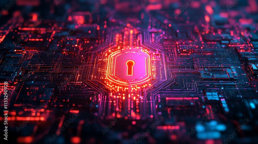 Poster a digital lock symbol on a circuit board background, representing cybersecurity and protection.