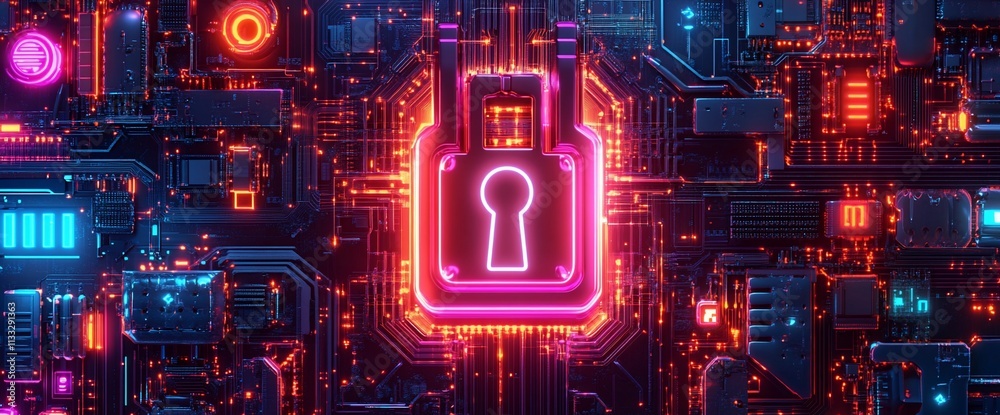 Poster a digital lock symbol surrounded by vibrant circuitry, representing cybersecurity and protection.