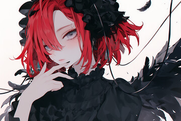 Fototapeta premium A stylized character with red hair and black attire, surrounded by dark feathers.