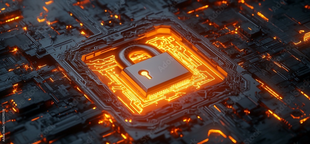 Poster a digital padlock on a circuit board, symbolizing cybersecurity and data protection.