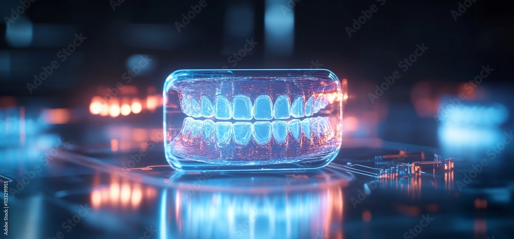Poster a futuristic dental model displayed with glowing effects on a digital surface.