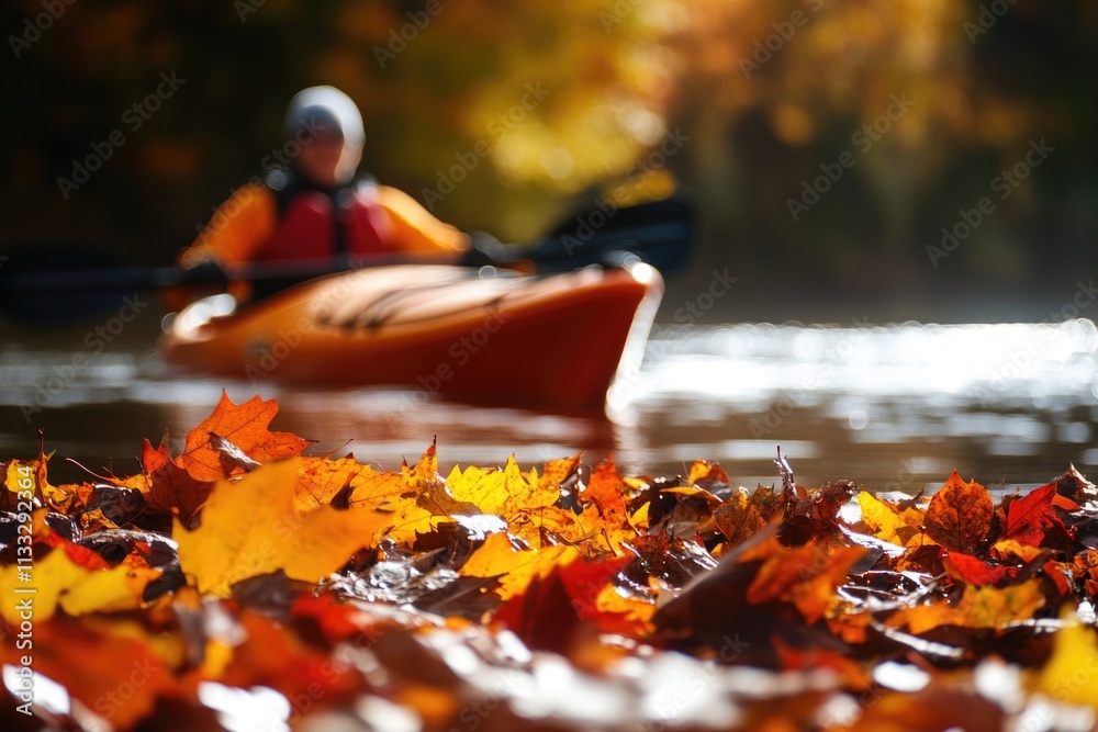 Poster a person paddling a kayak on a calm lake with surrounding trees and vegetation
