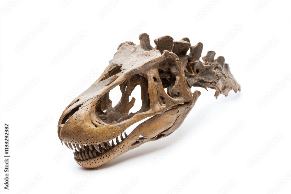 Poster a detailed image of a dinosaur's skull on a white background, perfect for use in educational materia