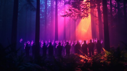 Fototapeta premium Choir in a virtual forest with glowing notes, surreal, soft light, vibrant colors