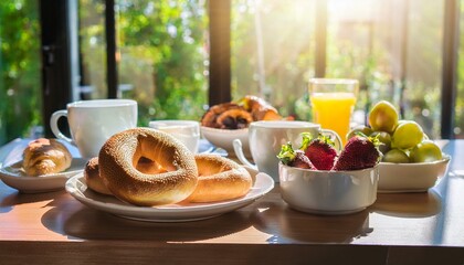 Indoor brunch table with sunlight shining through a glass window, buttered bagels and bowl of fresh fruit placed next to coffee cups