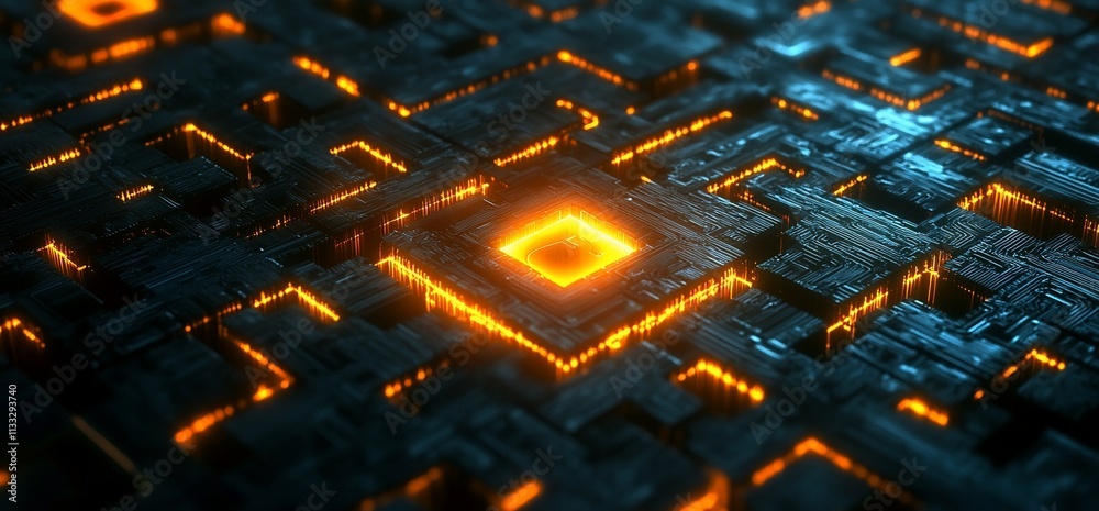 Poster A futuristic, glowing circuit-like structure with intricate patterns and vibrant orange highlights.