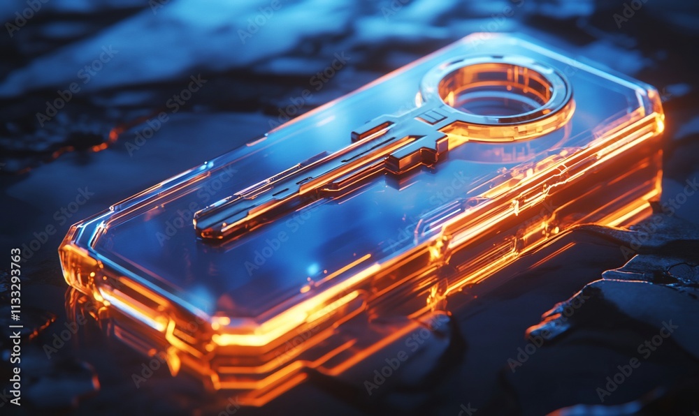 Poster a futuristic, glowing key on a reflective surface, symbolizing security and access.