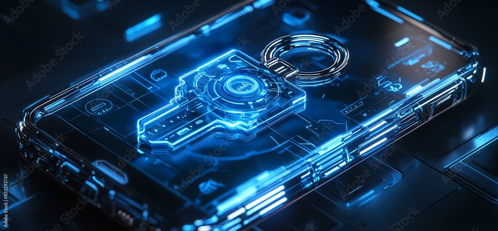 Poster a futuristic smartphone with a glowing digital key, symbolizing security.