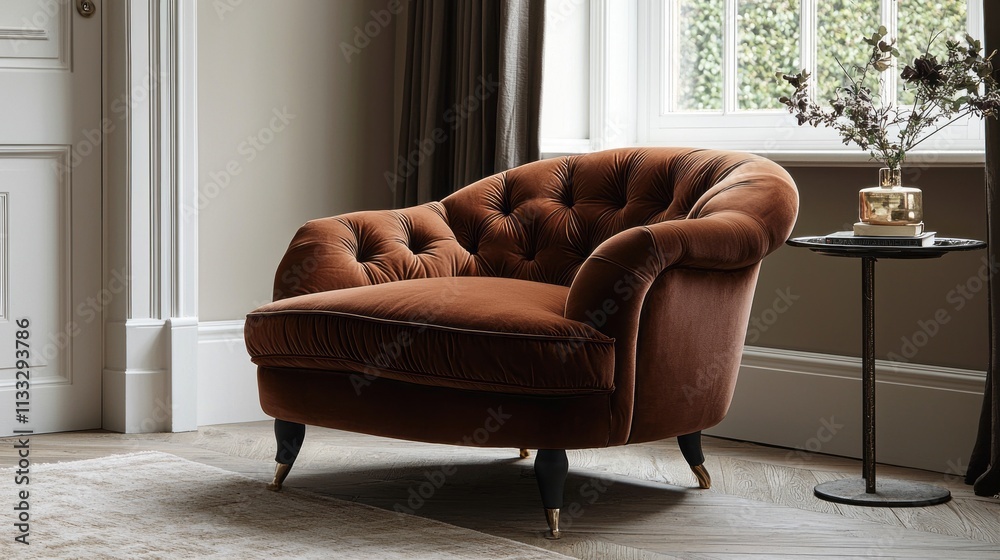 Poster a sumptuous mocha mousse armchair in deep mocha invites relaxation, accentuated by elegant tufting a