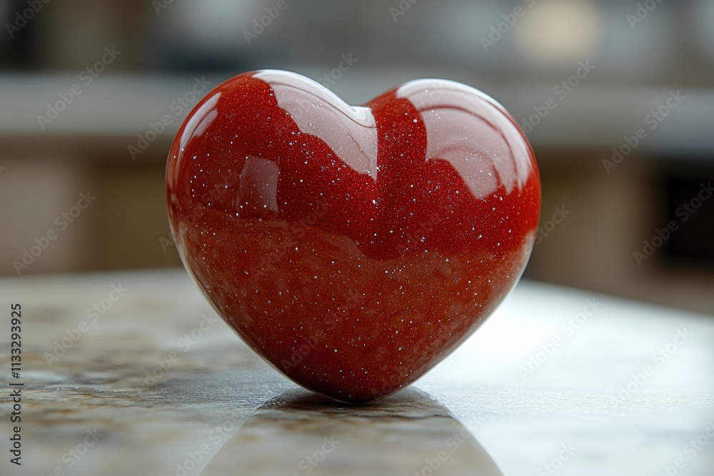 Poster a red heart-shaped decorative object sits atop a table, perfect for romantic occasions or as a symbo