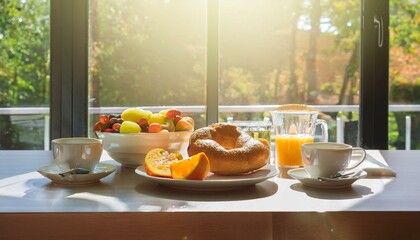 Indoor brunch table with sunlight shining through a glass window, buttered bagels and bowl of fresh fruit placed next to coffee cups