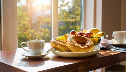 Indoor brunch table with sunlight shining through a glass window, buttered bagels and bowl of fresh fruit placed next to coffee cups