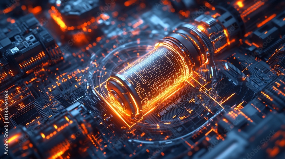 Poster a futuristic, glowing energy core surrounded by intricate circuitry and digital patterns.
