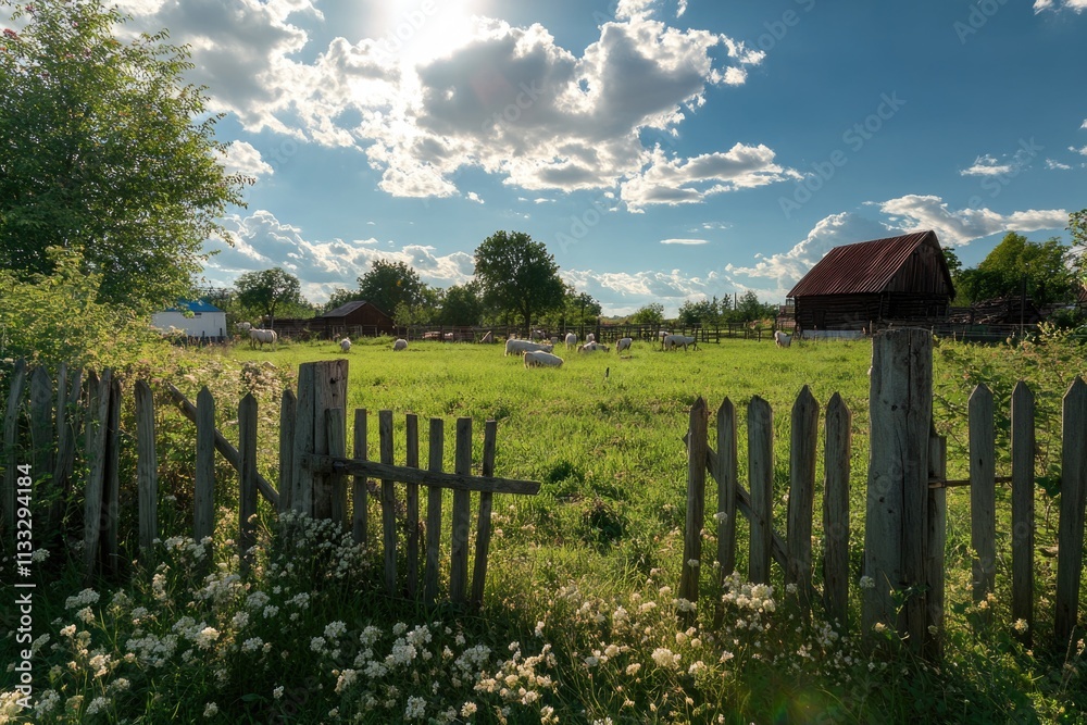 Aufkleber sheep grazing in a natural setting with a wooden fence in the background