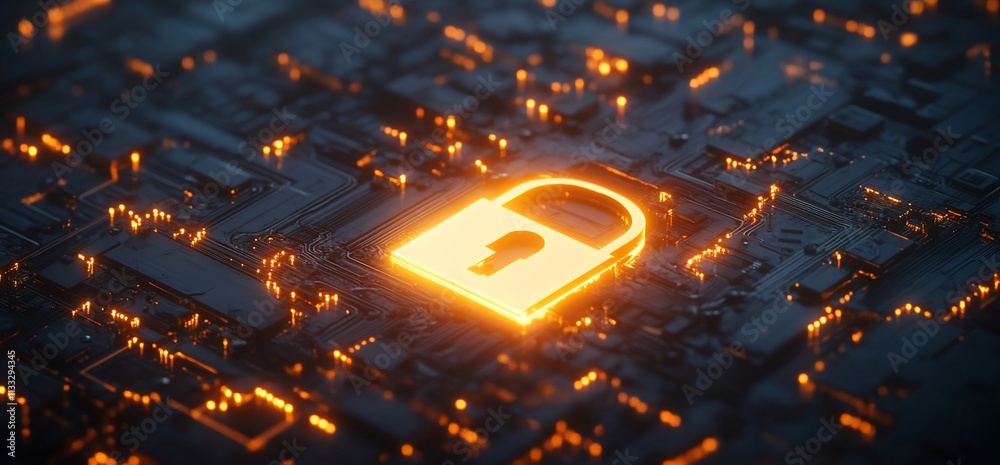 Poster a glowing padlock symbol over a digital circuit, representing cybersecurity and data protection.