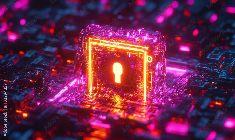 Poster A glowing digital lock symbolizing cybersecurity and data protection.