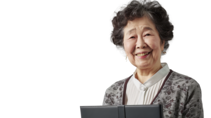 Portrait of asian senior  woman holding laptop on white background
