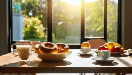 Indoor brunch table with sunlight shining through a glass window, buttered bagels and bowl of fresh fruit placed next to coffee cups