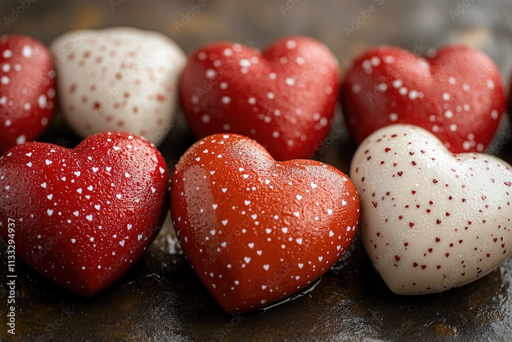 Poster a collection of red and white hearts arranged on a table surface
