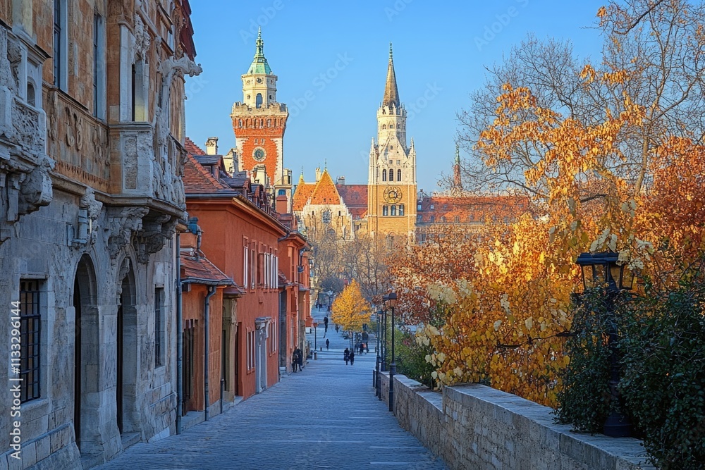 Poster a narrow street with a clock tower visible in the distance, perfect for use as a backdrop for scenes