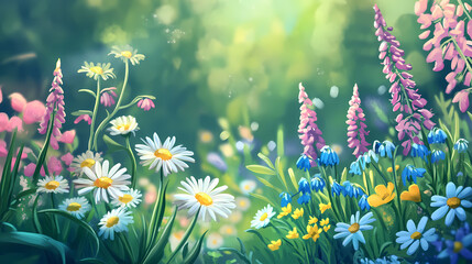 A vibrant meadow is blanketed with an array of wildflowers, including bright bluebells, cheerful daisies. Meadow. Illustration