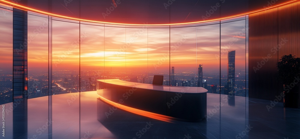 Poster a modern office space with a sleek desk and a stunning sunset view through large windows.