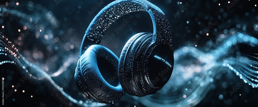 Poster a pair of headphones surrounded by dynamic sound waves in a digital setting.