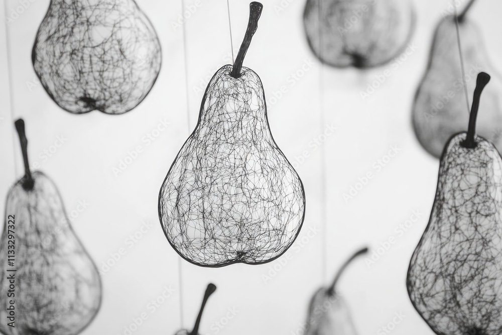 Poster A bunch of pears hanging from a string, a common fruit display method