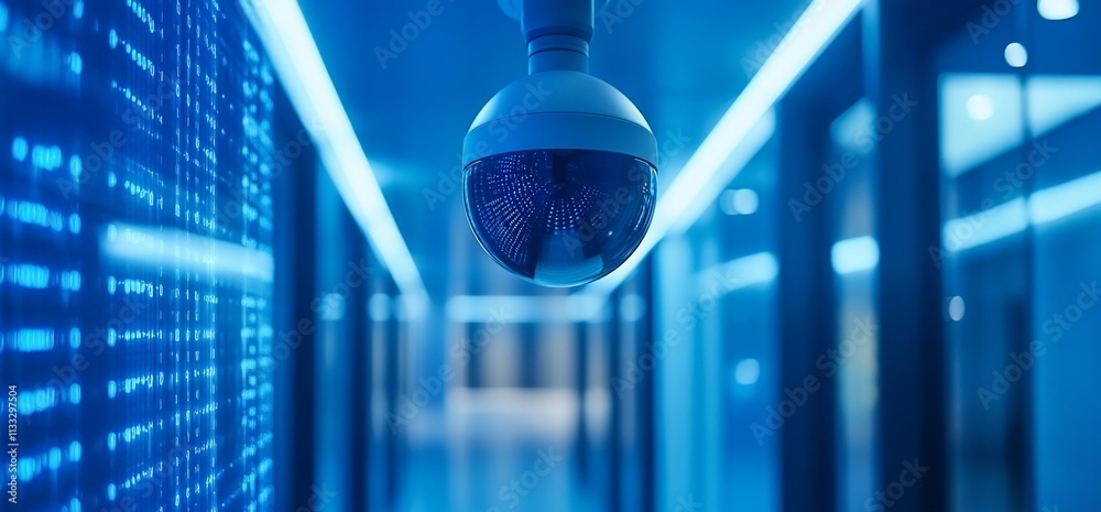 Poster A security camera captures a corridor illuminated with blue lights and digital patterns.