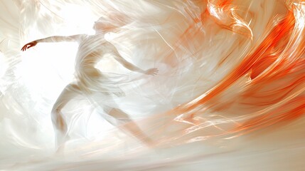 Dancer enveloped in flowing sheer fabrics with ethereal light.
