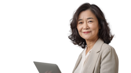 Portrait of american middle age  woman holding laptop on white background
