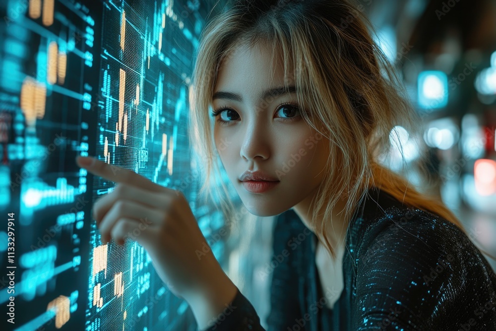Poster a woman looking at a smartphone display showing numerical information