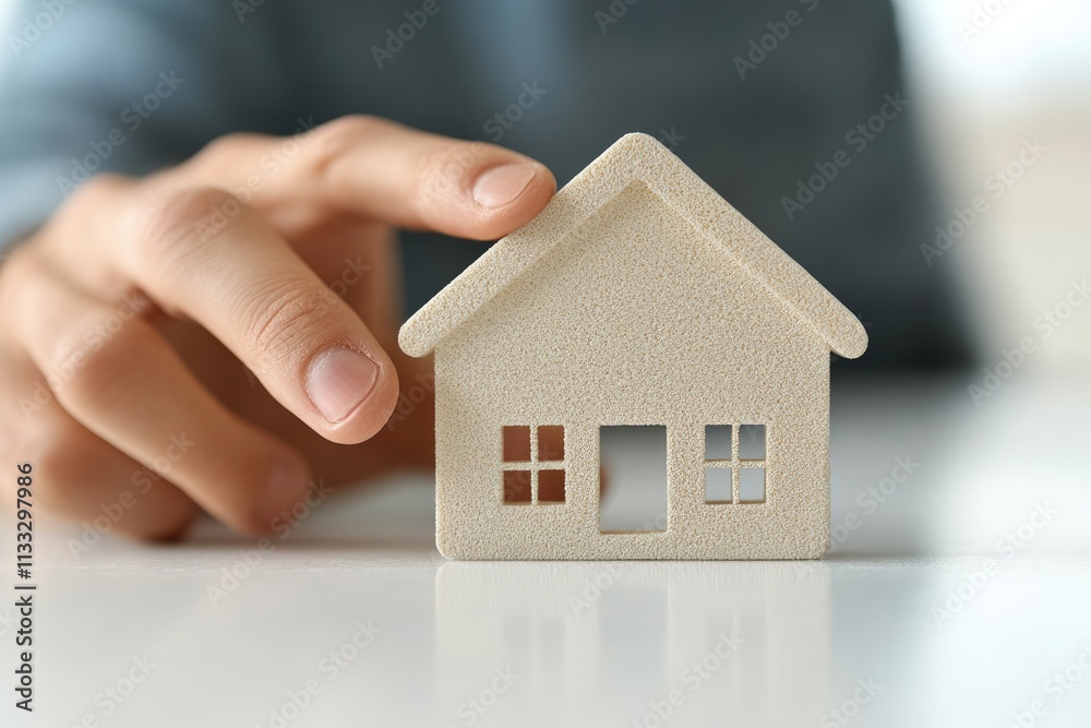 Poster a person holds a small scale model of a house, useful for illustrations on architecture, real estate
