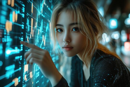 A woman looking at a smartphone display showing numerical information