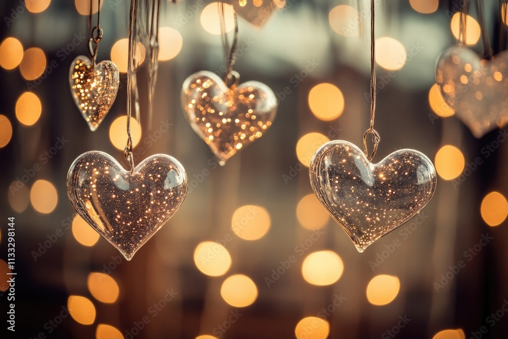 Poster A collection of glass hearts suspended from strings, creating a visually striking display