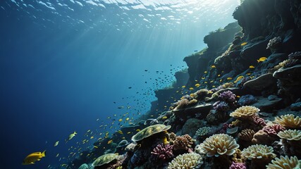 Obraz premium Majestic Underwater Cliffs with Vibrant Coral and Marine Life