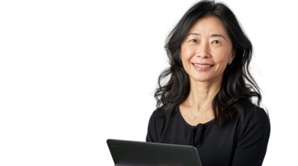 Portrait of american middle age  woman holding laptop on white background
