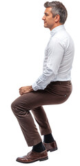 Side view of an Isolated sitting middleaged man wearing a white shirt and brown chino trousers, isolated over transparent background, PNG cut-out