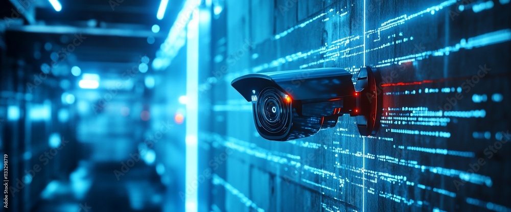 Aufkleber A surveillance camera mounted on a wall with a digital data background, emphasizing security.