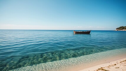 Obraz premium Idyllic Seashore Scene with a Small Boat on Calm Waters