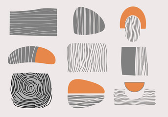 Set geometric figures in trendy boho style. Linear boho style waves and shapes set. Minimalistic design elements for modern templates. Aesthetic contemporary stripe line art